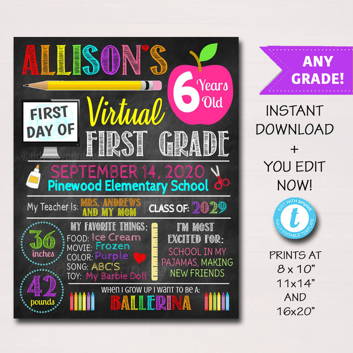 First Day Of Virtual School Sign - Any Grade - Editable Template