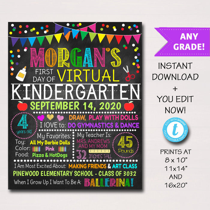 First Day Of Virtual School Sign- Any Grade - Editable Template