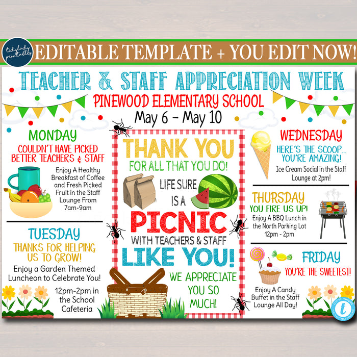 Picnic Themed Teacher Appreciation Week Itinerary Poster Printable