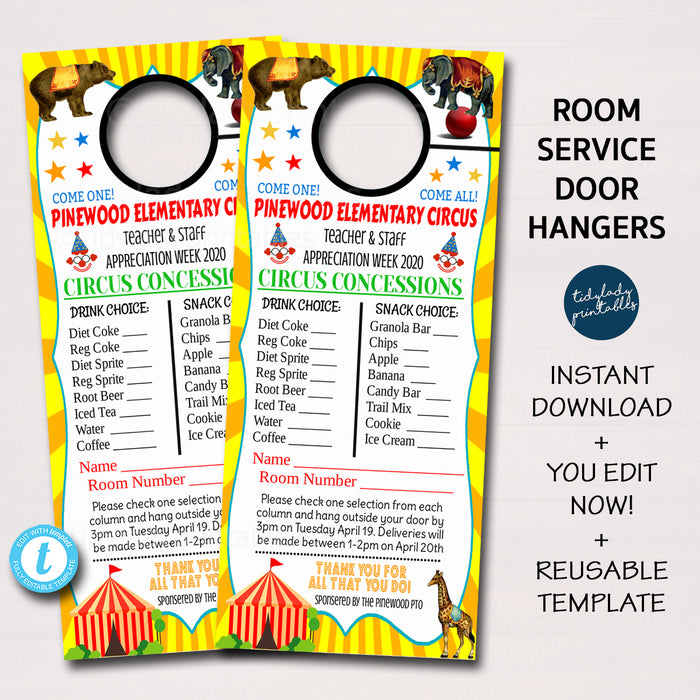 Circus Theme Teacher Appreciation Week Printable Room Service Door Hangers