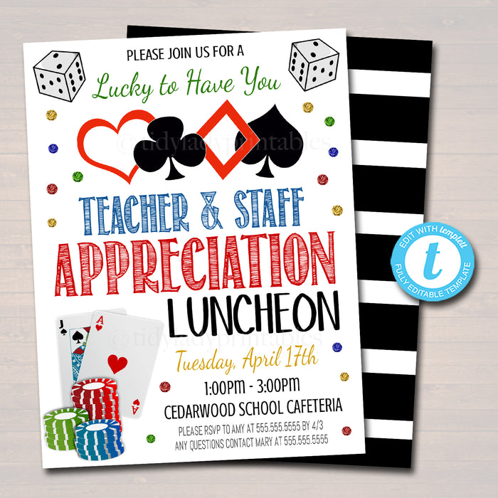 Casino Theme Teacher Appreciation Party Luncheon Invitation Template