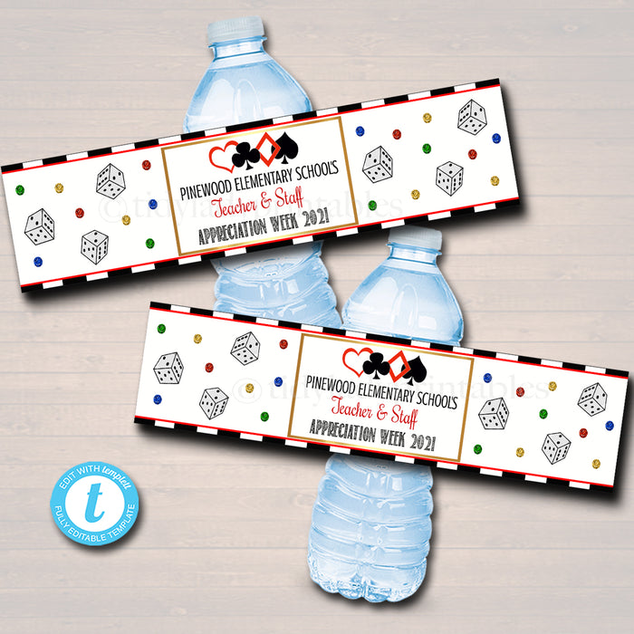 Casino Theme Teacher Appreciation Water Bottle Labels