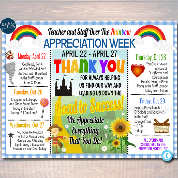 Over The Rainbow Themed Teacher Appreciation Week Itinerary Poster Printable