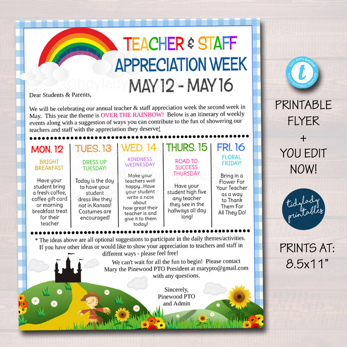 Over The Rainbow Themed Teacher Appreciation Week Take Home Flyer
