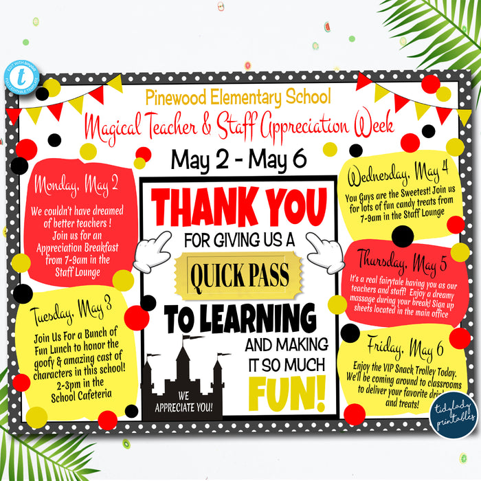 Magical Theme Teacher Appreciation Week Itinerary Poster Printable