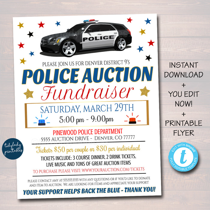 Police Flyer, Community Fundraiser Event, First Responders Back the Blue Auction Flyer, EDITABLE TEMPLATE