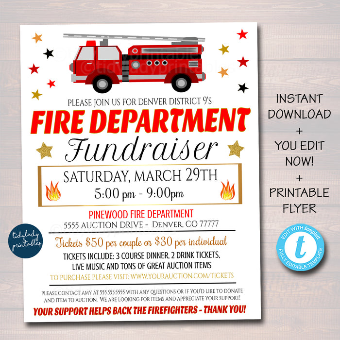 Firefighter Fundraiser Flyer, Community Fundraising Event, First Responders Auction Flyer, EDITABLE TEMPLATE