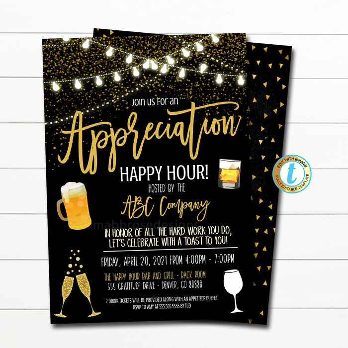Appreciation Happy Hour Invitation, Company Staff Work Office Employee, Happy Hour Thank You Event, Cocktails Party Invite EDITABLE TEMPLATE
