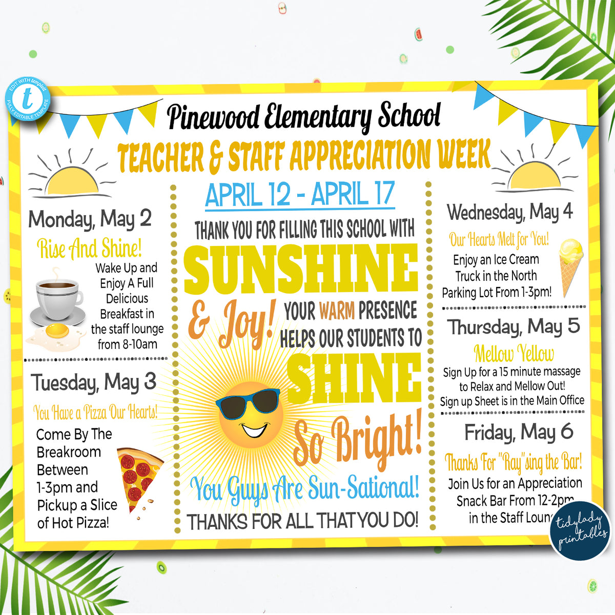 Yellow Sunshine Theme Teacher Appreciation Week Itinerary — TidyLady