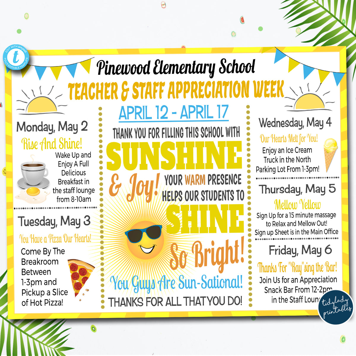 Yellow Sunshine Theme Teacher Appreciation Week Itinerary โ TidyLady