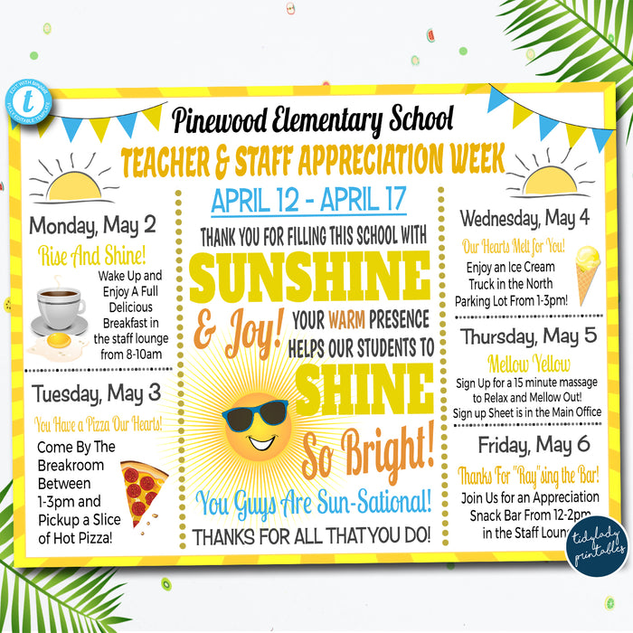 Yellow Sunshine Theme Teacher Appreciation Week Itinerary Poster Printable