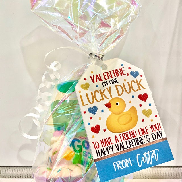 Valentine Lucky Duck Tags, Rubber Ducky, Kid Friend Valentine Tag, Elementary Classroom School Teacher Staff Valentine DIY  Template