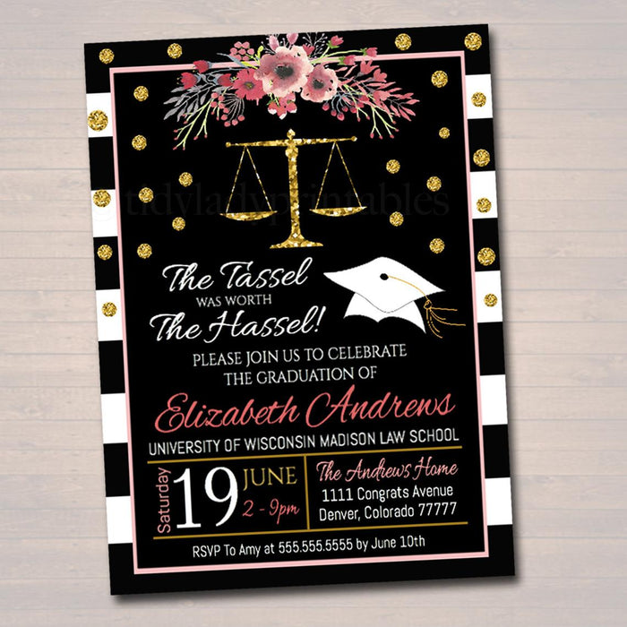 Law School Graduation Invitation Floral Printable, Female College Graduate Grad Party Invite Lawyer, Attorney Grad