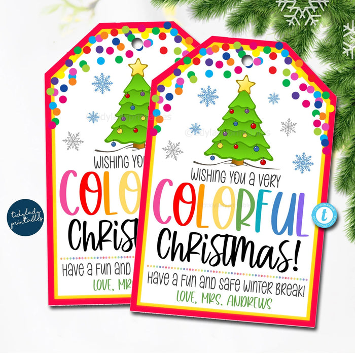 Christmas Gift Tags, Colorful Holiday, Printable Teacher Classroom Crayon Stocking Stuffer, Non Candy Xmas Treat Label, EDITABLE TEMPLATE