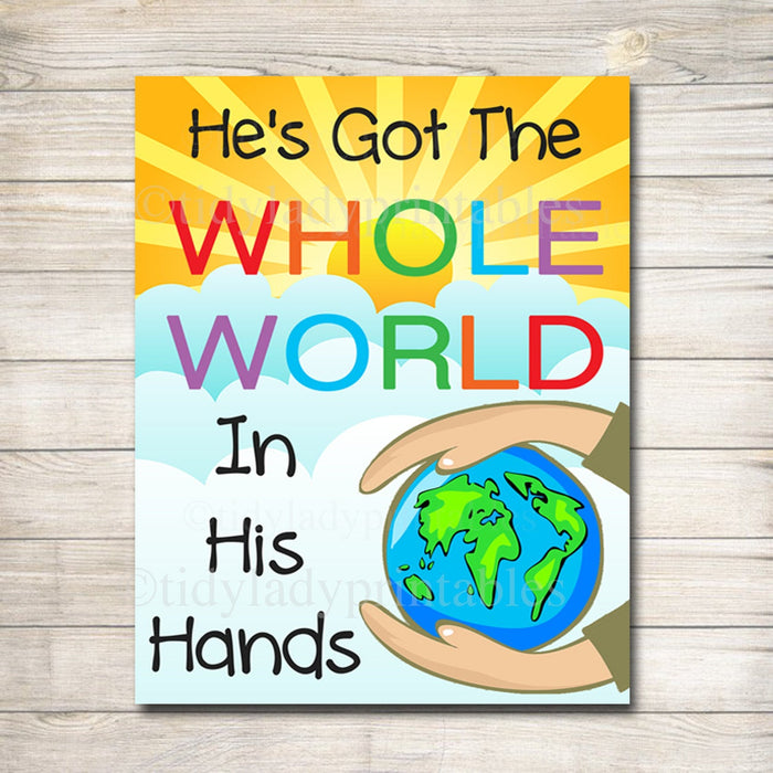 He&#39;s Got the Whole World in His Hands, Children&#39;s Bible Song, Printable Nursery Wall Art, Sunday School Art Religion Poster INSTANT DOWNLOAD