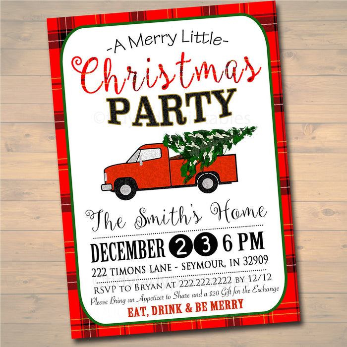 Printable Christmas Party Invitation, Red Truck Holiday Party Invitation, Retro Plaid Christmas Card, Plaid Flannel Vintage Christmas Card