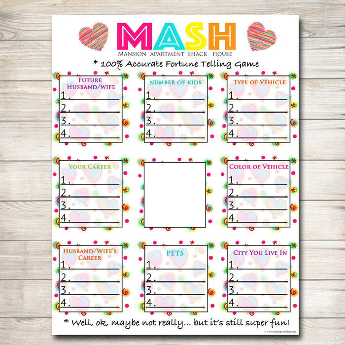 Printable Mash Game, Girls Party Game, Spa Party Beauty Party, Pamper Party Classic Sleepover Game, Printable Game of MASH, INSTANT DOWNLOAD