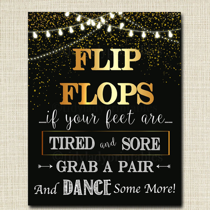 Flip Flop Wedding Sign, Black and Gold Party Decor, Wedding Party Dance Sign, Sore Feet Sign, Party Decorations, Printable, INSTANT DOWNLOAD