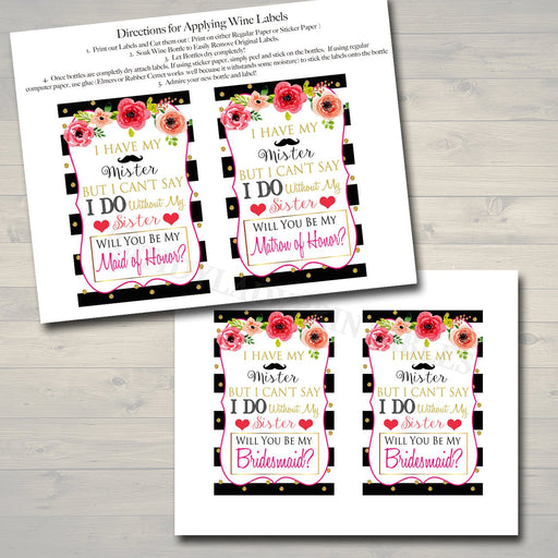 Printable Bridesmaid and Maid of Honor Ask Wine Labels, Bridesmaid Proposal Label, Matron of Honor Proposal, Will You Be My Bridesmaid Gift,