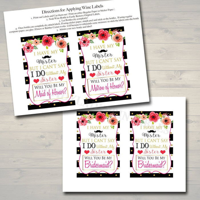 Printable Bridesmaid and Maid of Honor Ask Wine Labels, Bridesmaid Proposal Label, Matron of Honor Proposal, Will You Be My Bridesmaid Gift,