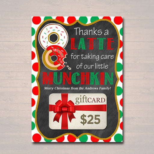 EDITABLE Christmas Thanks a Latte Coffee Donut Gift Card Holder Printable Teacher Gift Daycare Teacher Gift Babysitter Gift INSTANT DOWNLOAD