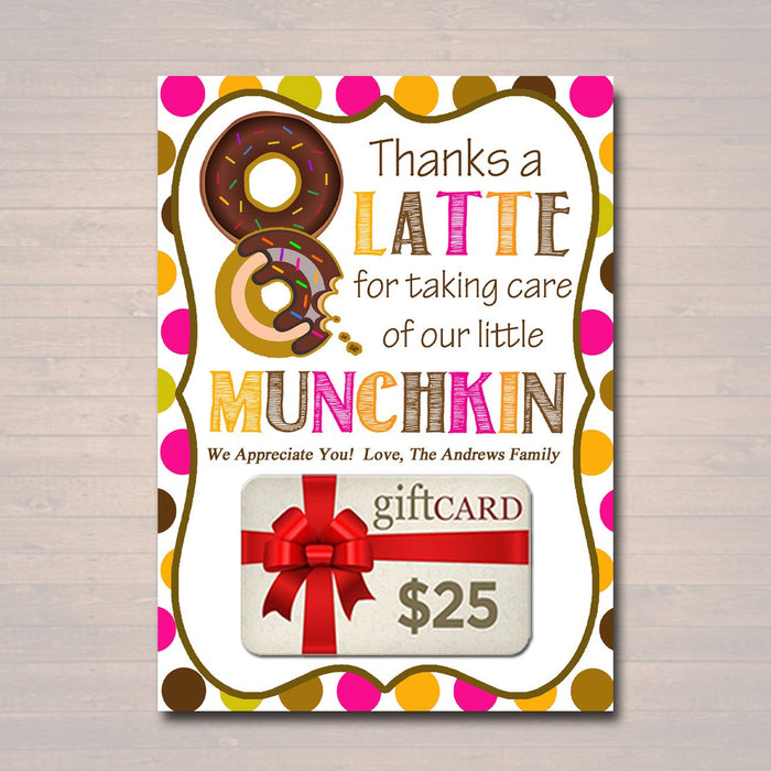 EDITABLE Thanks a Latte Coffee Donut Gift Card Holder, Printable Teacher Appreciation, Daycare Teacher Gift Babysitter Gift INSTANT DOWNLOAD