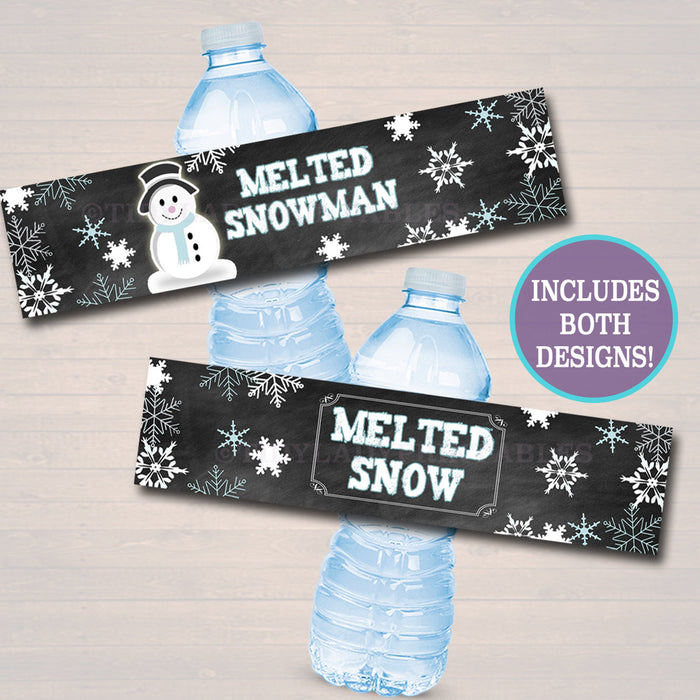 Printable Melted Snow Water Bottle Labels & Melted Snowman Water Bottle Labels, Winter Onderland Party, Winter Wonderland Frozen Party Decor