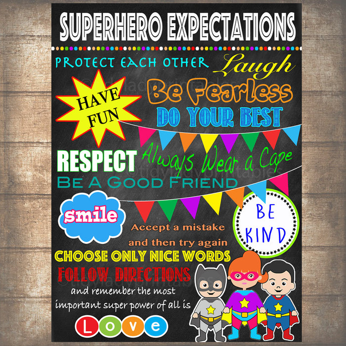 Superhero Classroom Rules Poster, PRINTABLE, INSTANT DOWNLOAD SuperHero Teacher Sign, Superhero Bedroom Decor, Superhero Chalkboard Wall Art