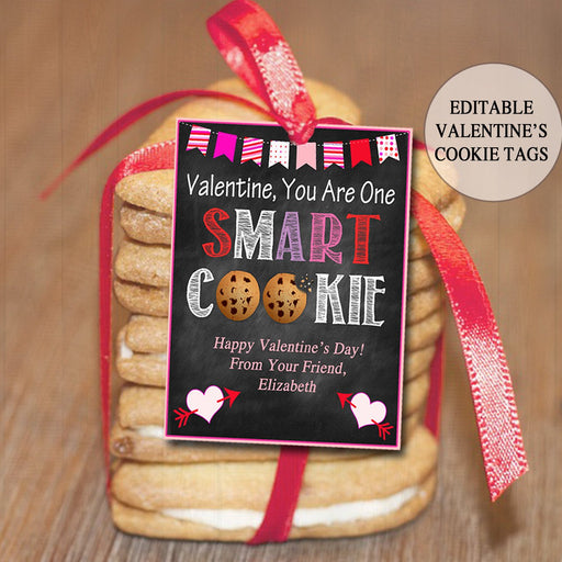 EDITABLE Valentine's Day Tags, INSTANT DOWNLOAD, Printable Kids Cookie Valentine, Classroom Valentines, You Are One Smart Cookie Valentine
