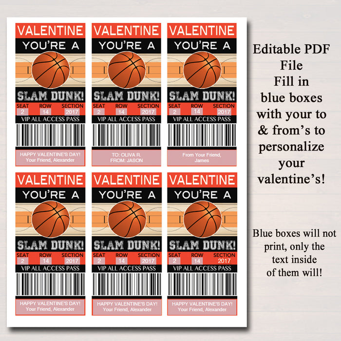 EDITABLE Basketball Ticket Valentine's Day Cards, INSTANT DOWNLOAD, Printable Kids Valentine, Boy Classroom Valentine, You're a Slam Dunk
