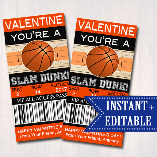 EDITABLE Basketball Ticket Valentine's Day Cards, INSTANT DOWNLOAD, Printable Kids Valentine, Boy Classroom Valentine, You're a Slam Dunk