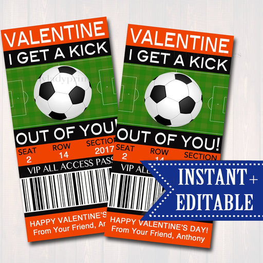EDITABLE Soccer Ticket Valentine Day Card INSTANT DOWNLOAD Printable Kids Valentine, Futball Boy Classroom Valentine I Get a Kick Out of You