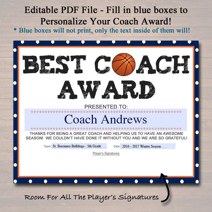 EDITABLE Basketball Coach Award Certificate INSTANT DOWNLOAD Basketball Team Award Basketball Coach Gift Best Coach Award Basketball Banquet