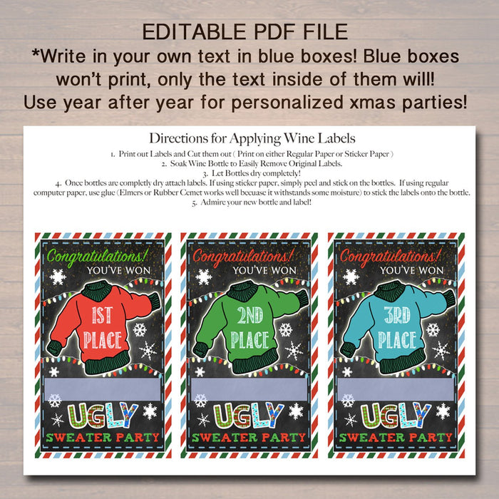 EDITABLE Ugly Sweater Party Awards, Holiday Award Labels, Chirstmas Custom Wine Labels, Ugly Sweater Prizes, Vote For the Ugliest Sweater