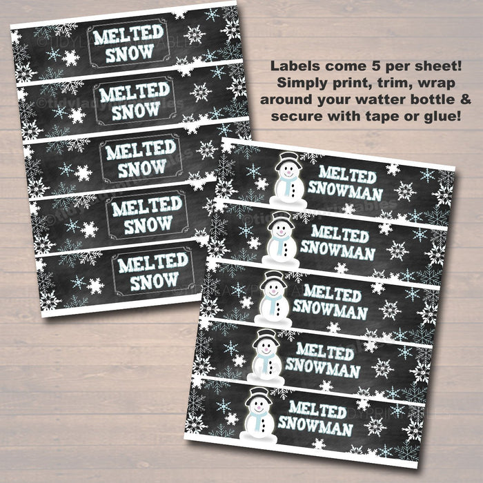 Printable Melted Snow Water Bottle Labels & Melted Snowman Water Bottle Labels, Winter Onderland Party, Winter Wonderland Frozen Party Decor