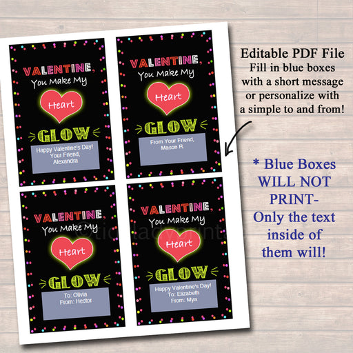 EDITABLE Valentine's Day Glow Stick Tags, INSTANT DOWNLOAD, Printable Kids Non-Candy Valentine, Classroom Valentines, You Make My Heart Glow