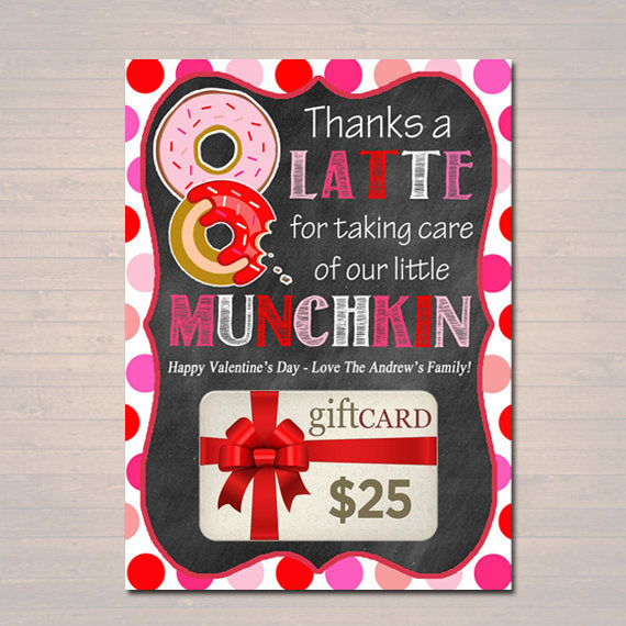 EDITABLE Valentine's Day Thanks a Latte Coffee Donut Gift Card Holder Printable Valentine's Teacher Gift, Babysitter Gift, INSTANT DOWNLOAD