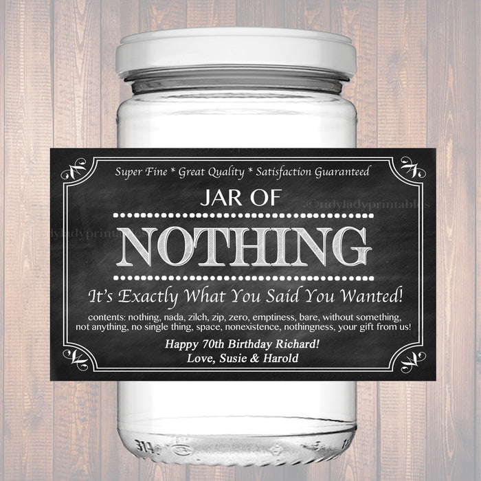 Jar Of Nothing Label, Chalkboard Label Personalized Gag Gift Holiday Gift, Christmas Gift, Birthday Gift, Retirement Gift Printable