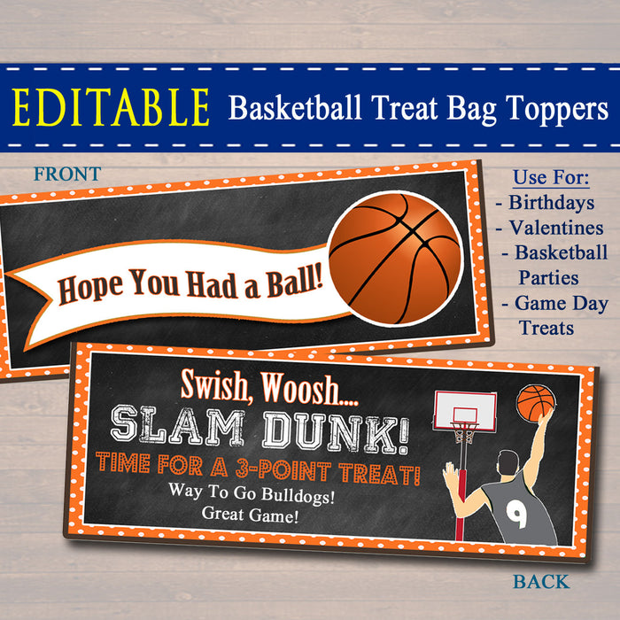 EDITABLE Basketball Treat Bag Toppers, INSTANT DOWNLOAD Basketball Team Snack Bag, Basketball Party Favor Printable, Basketball Treat Moms