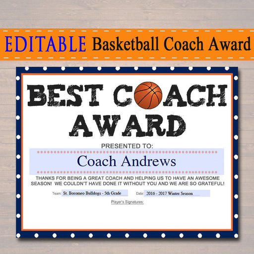 EDITABLE Basketball Coach Award Certificate INSTANT DOWNLOAD Basketball Team Award Basketball Coach Gift Best Coach Award Basketball Banquet