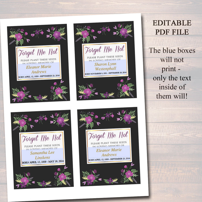 Funeral Memorial Favor, Forget Me Not Seed Labels, Printable, INSTANT + EDITABLE, Celebration of Life, Funeral Thank You Gift, Remembrance