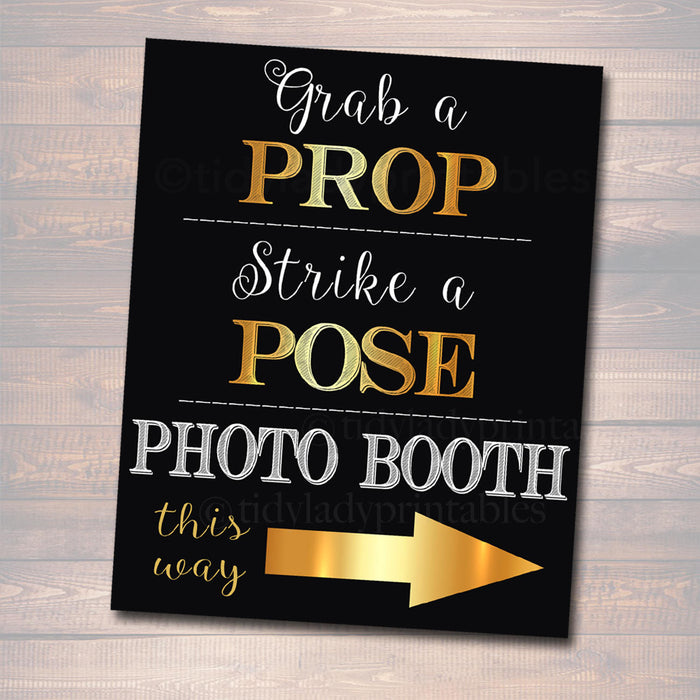 Photo Booth Signs Black and Gold Party Decor, Wedding Party Sign, Grab a Prop & Strike a Pose, Graduation Party, Printable, INSTANT DOWNLOAD