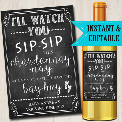I'll Watch You Sip Sip This Chardonay-nay,  Printable Wine Label Pregnancy Announcement, Sister or Friends to Aunt, Funny Pregnancy Reveal