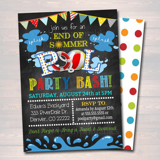 EDITABLE End of Summer Pool Party Invitation, Printable Digital Invite, Back to School, Backyard Party, Splish Splash, chalkboard invite