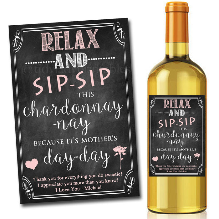 EDITABLE Mother's Day Wine Label, Personalized Mother's Day Gift Printable Wine Label, Wife Gift, Sip Sip Chardonnay Label, INSTANT DOWNLOAD