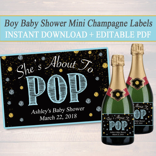 EDITABLE Boy Baby Shower Mini Champagne Labels, Printable Labels, INSTANT DOWNLOAD, She's About To Pop, Boy Baby Shower Decor, Ready to Pop