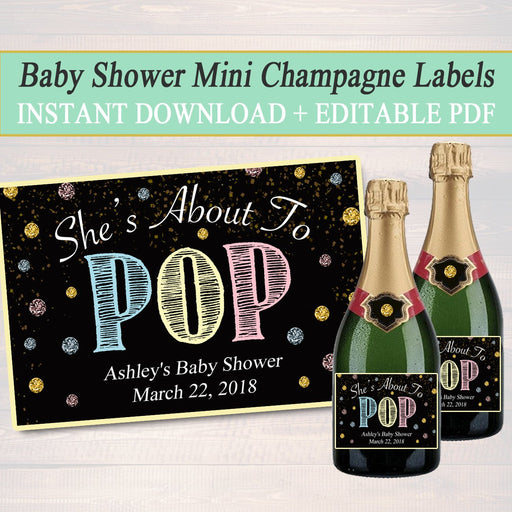 EDITABLE Unisex Baby Shower Mini Champagne Labels, Printable Labels, INSTANT DOWNLOAD, She's About To Pop, Twins Baby Shower, Ready to Pop