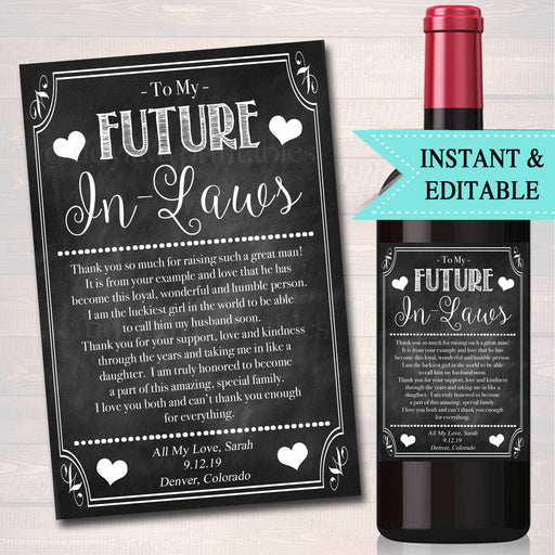 EDITABLE Future In-Laws Wine Labels, Printable Wine Label, Family Marriage Gift, Gift For In Laws INSTANT DOWNLOAD, Parents Wedding Gift