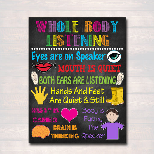 Classroom Decor, Whole Body Listening Poster, Kindergarten, Elementary Classroom Art, Educational Poster, Teacher Printable INSTANT DOWNLOAD