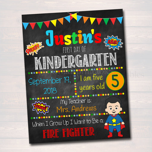 EDITABLE Superhero Back to School Photo Prop, Back to School Chalkboard Poster INSTANT DOWNLOAD, Any Grade, Boy 1st Day of School Printable